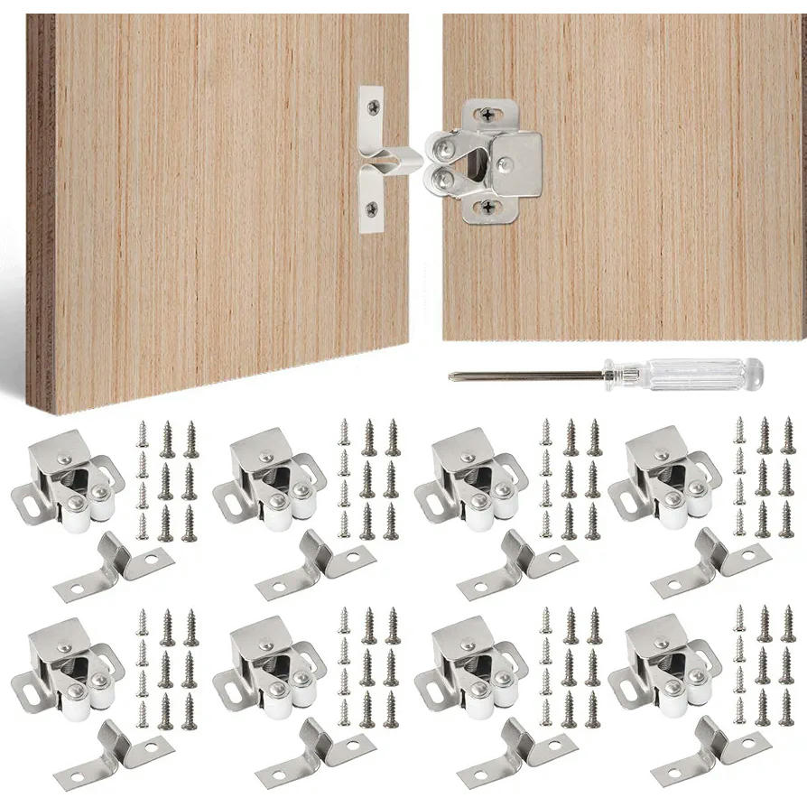 8 Stainless Steel Double Roller Bolts with Screws and Screwdriver for Cabinets and Doors (Silver)