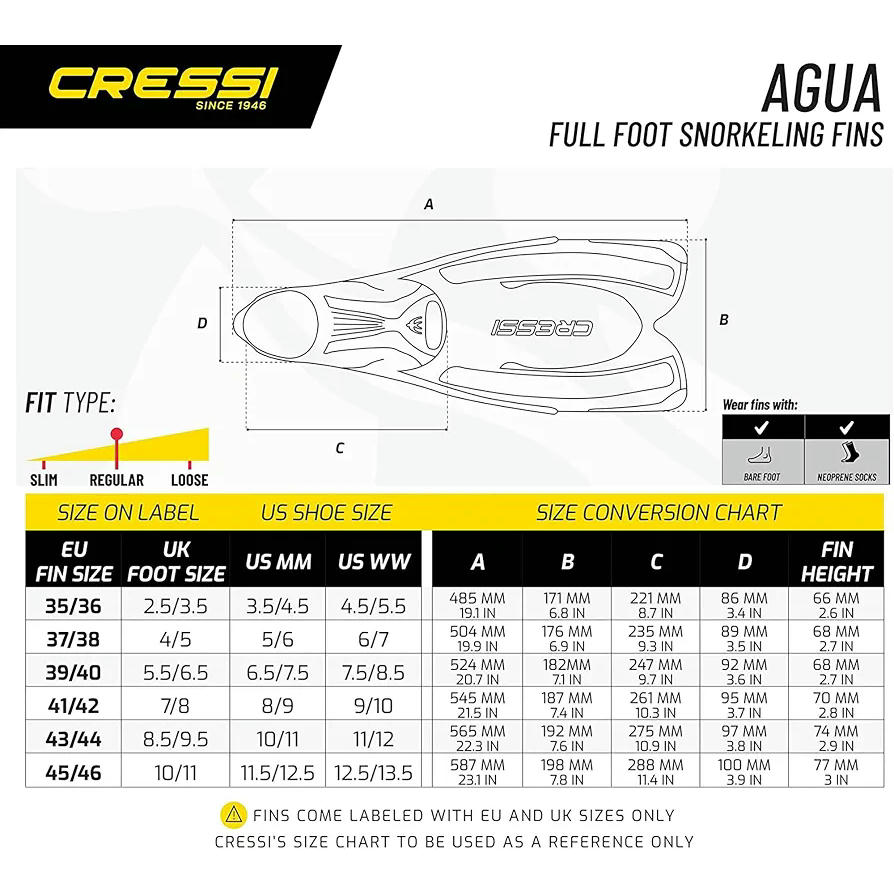 Cressi Agua Short aletas de snorkeling unisex para adultos, ideales para iniciación y uso recreativo, talla 45/46 color azul