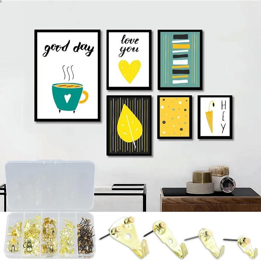 Kit de ganxos per a marcs de fotos, 120 peces, penjolls daurats, accessoris per penjar quadres, ganxos i claus, adequats per a diverses aplicacions