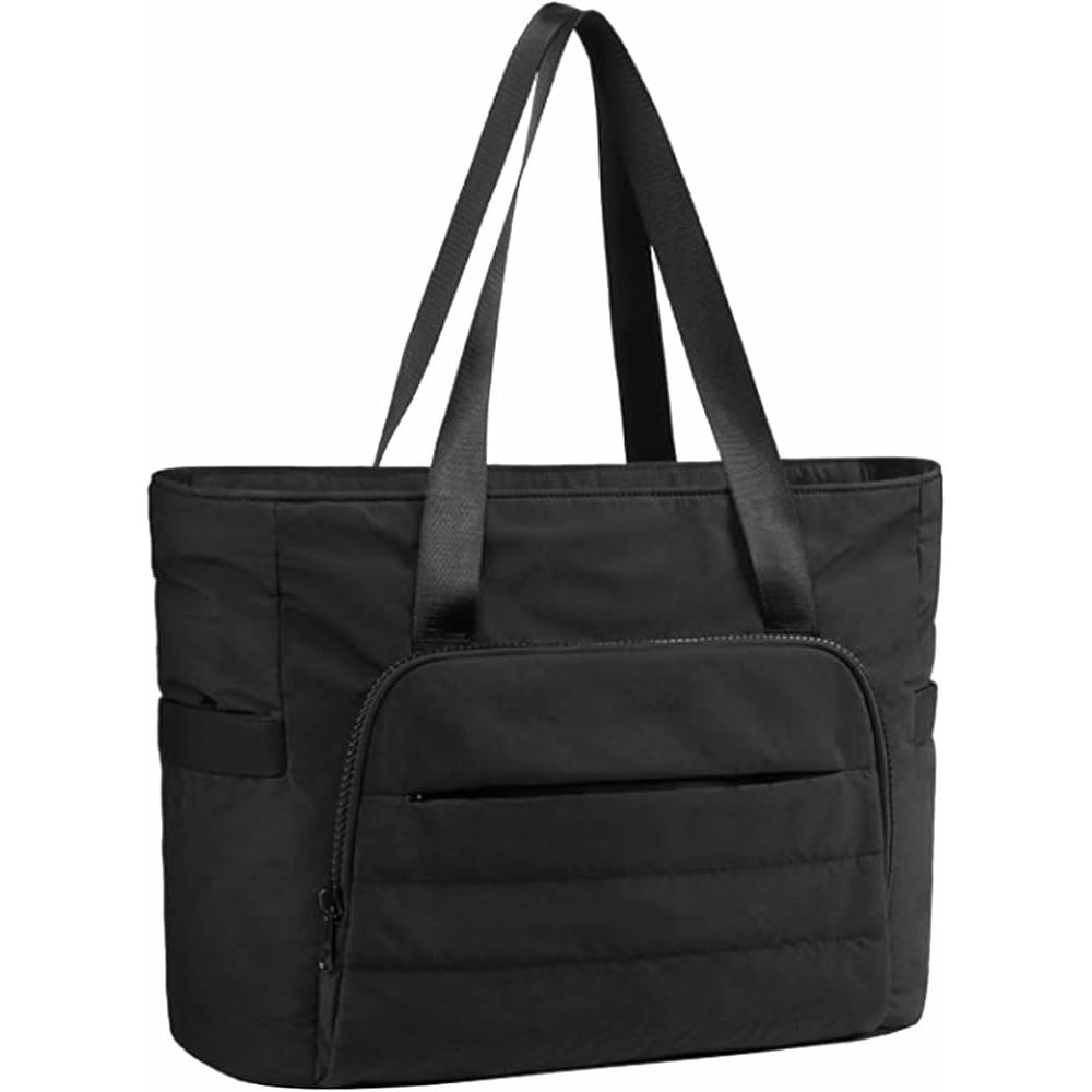 Bolso de mano negro para mujer con cremallera y capacidad para portátil, playa, excursiones (Negro)