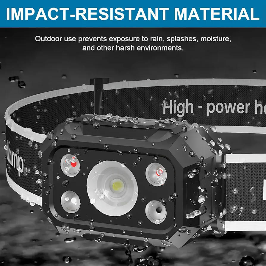 Linterna Frontal LED Recargable Impermeable con Sensor de Movimiento y Luces de Advertencia Rojas (Negro)
