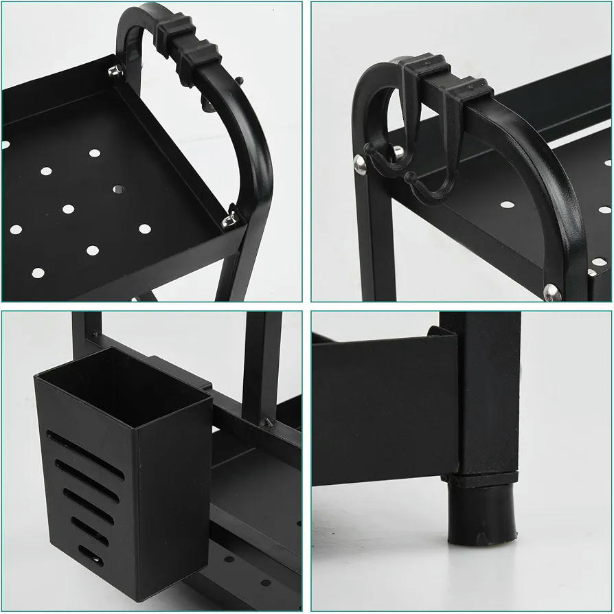 Especiero de Cocina de 2 Niveles con Soporte para Utensilios y Ganchos, 30 x 22,5 x 40 cm, Negro