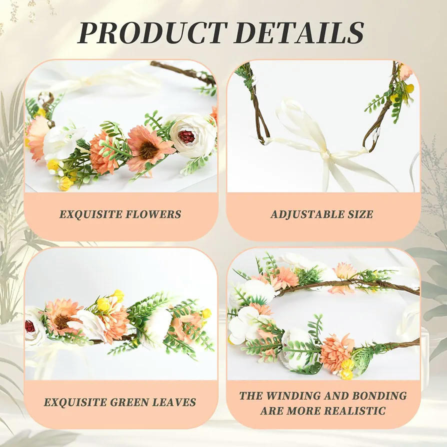 Diadema de Flores para Niña y Mujer con Cinta Ajustable, Ideal para Ceremonias y Festivales, 19 cm (Naranja Multicolor)