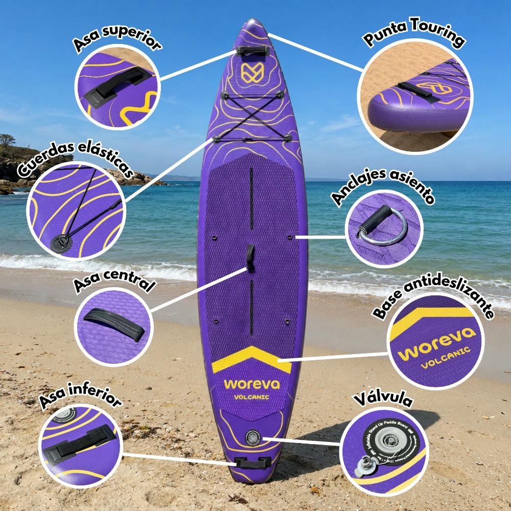 WOREVA VOLCANIC - Kit Paddle Surf Inflable 335cm | Tabla SUP Touring, Estable 3 quillas, Portable 3 asas, Ancho 84cm (hasta 160kg) | Pack con remo, inflador, mochila y más