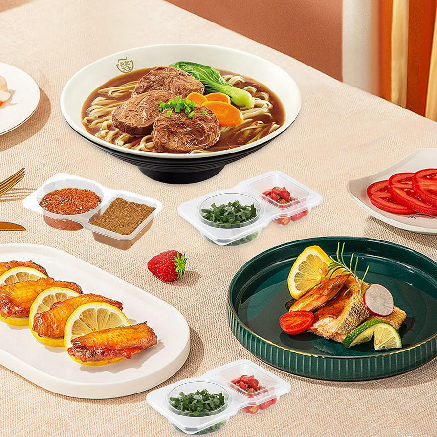 Vasos de plástico para salsa, pack de 30 unidades, doble compartimento de 130 ml, recipientes reutilizables para salsas, sopas y cremas (transparente)