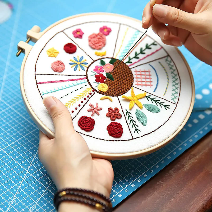 Kit de Bordado para Principiantes, 3 Piezas, Aros de Bordado de Plástico, Hilos de Colores, Agujas, Herramientas de Bordado y Punto de Cruz