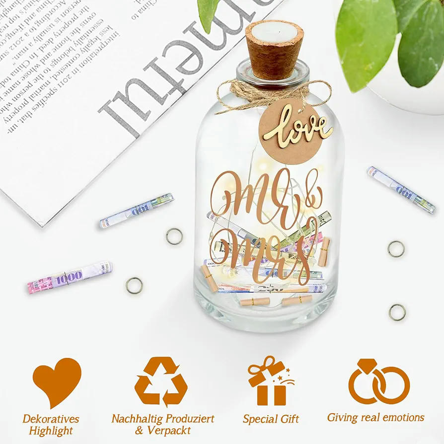 Botella con Luz LED para Boda, Regalo Personalizado para Dinero, Hucha Decorativa Mr y Mrs, Caja Luminosa para Novios y Parejas