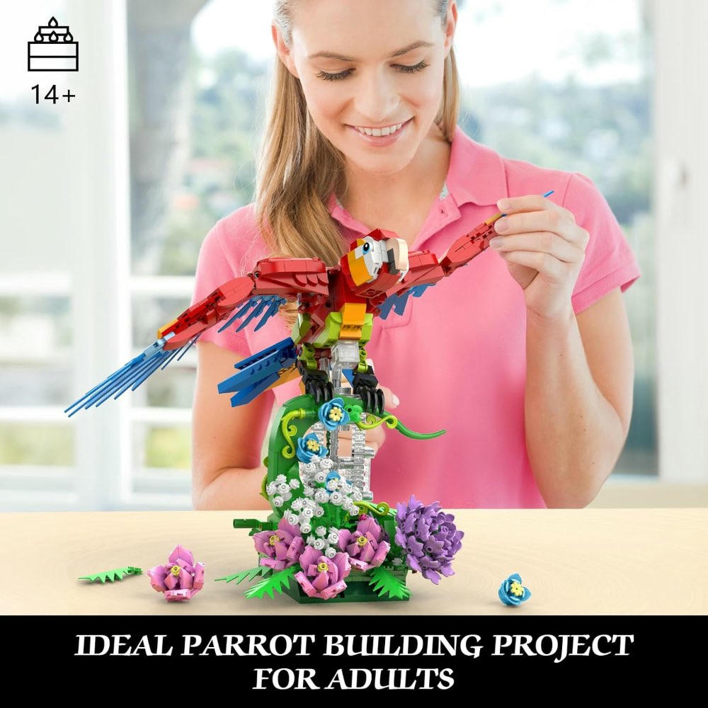 Juego de construcción Loro Floral, Parrot modelo MOC de arte en mesa con flores y loro, set 2 en 1 de animales y aves, idea de regalo para adultos y adolescentes a partir de 14 años (1176 piezas)