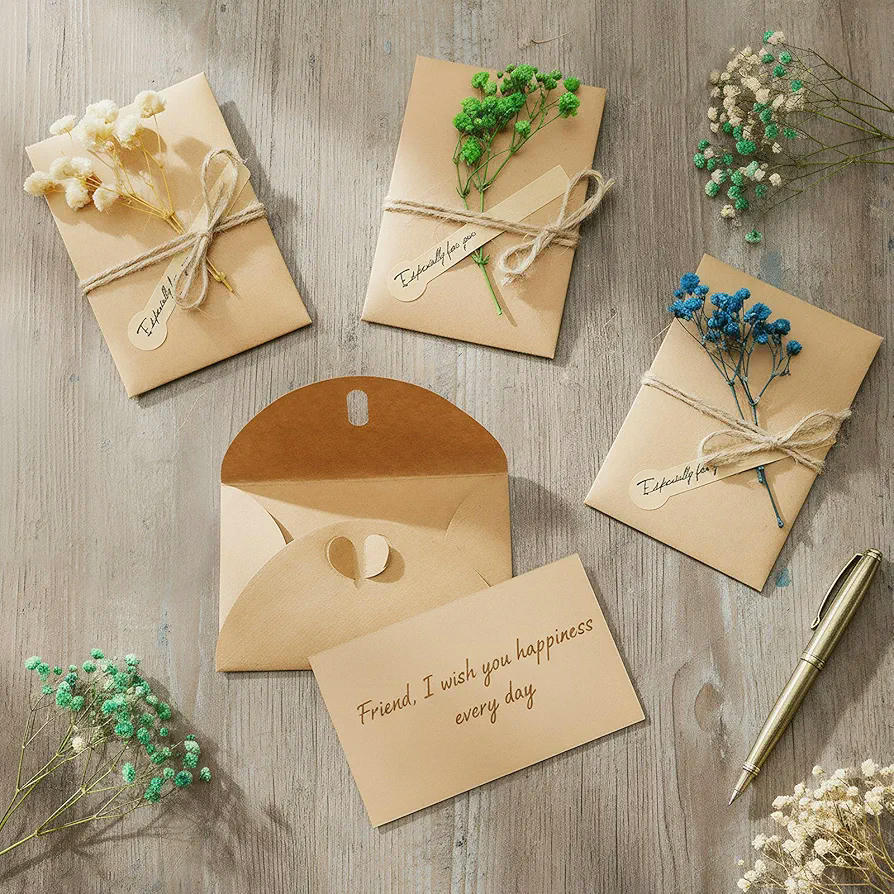 10 Tarjetas de Felicitación con Flores Secas Multicolores y Sobres Marrones para Todas las Ocasiones