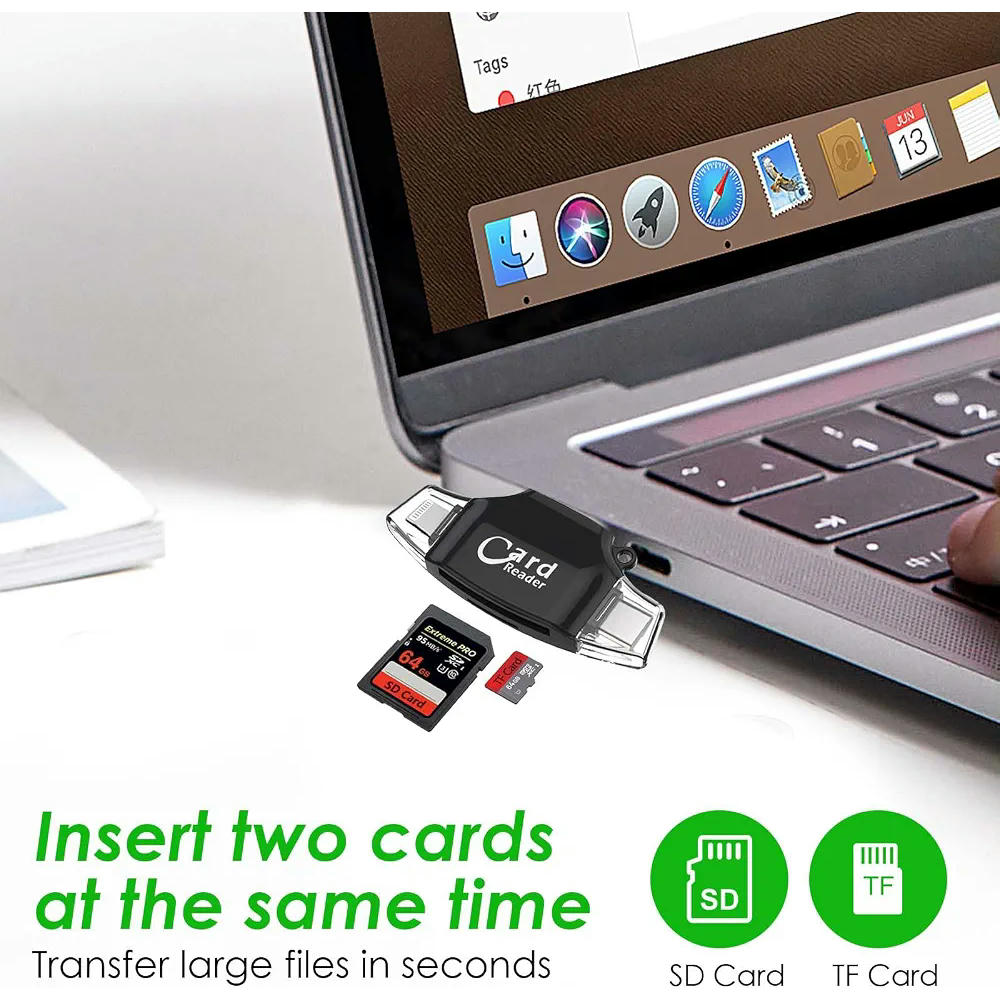 Lector de Tarjetas SD y Micro SD Multifuncional con Conectores USB-A, USB-C y Lightning, Color Negro