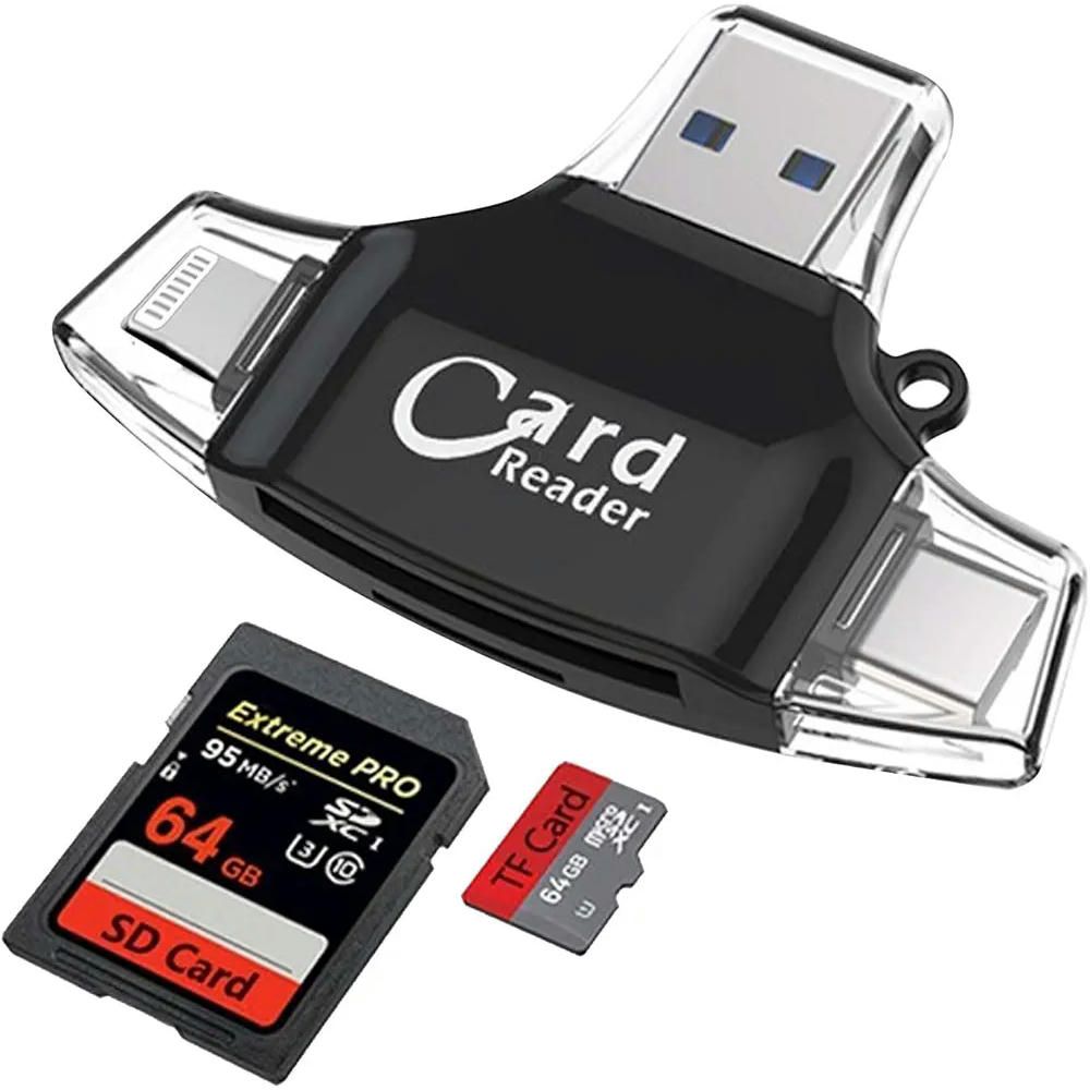 Lector de Tarjetas SD y Micro SD Multifuncional con Conectores USB-A, USB-C y Lightning, Color Negro