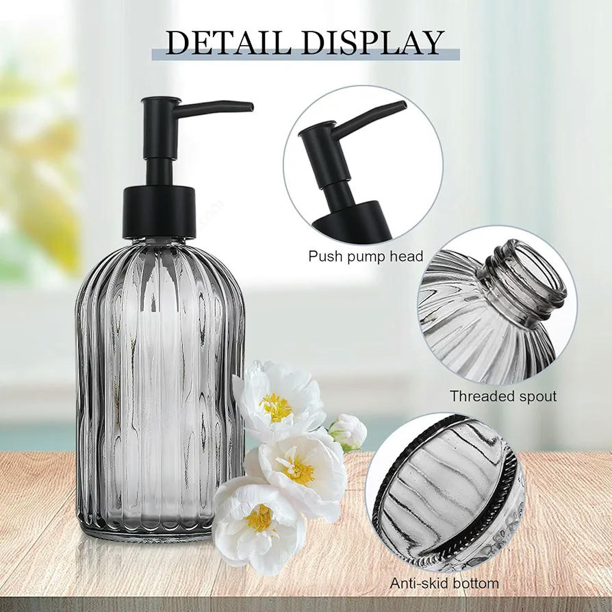 2 Piezas Dispensador de Jabón de Cristal Gris con Bomba de Plástico Negra, 400ml para Baños y Cocinas