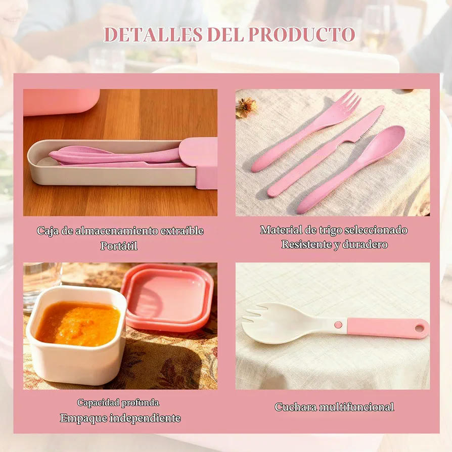 Fiambrera Bento Rosa con 4 Compartimentos 1000ml para Microondas y Lavavajillas