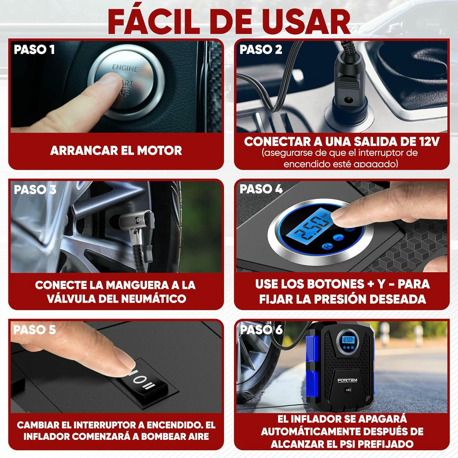 FORTEM Inflador de Ruedas de Coche, Compresor de Aire - Compresor de Aire Portátil para Ruedas de 12 V con Luz LED - Manómetro Digital, Autobombeo, Parada Automática - Bolsa de Transporte (Azul)