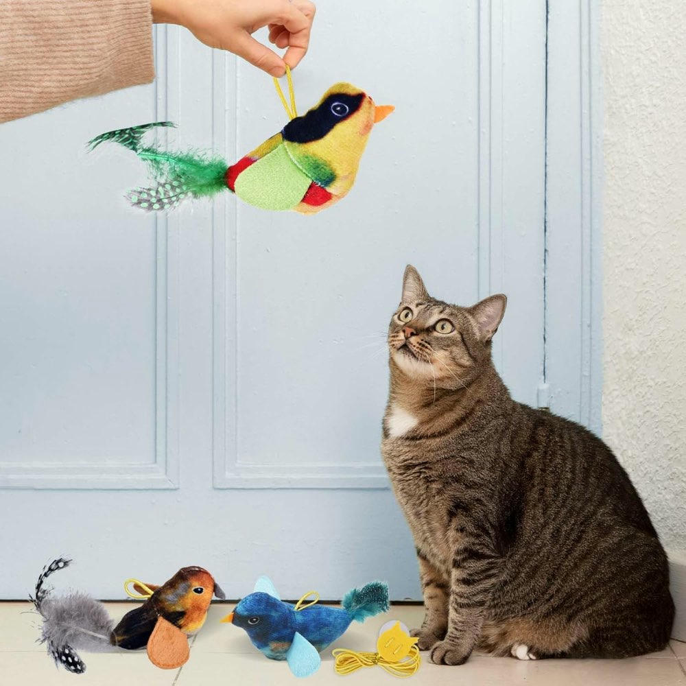 3 Piezas Juguete Interactivo para Gatos en Forma de Pájaro con Plumas y cuerda (Multicolor)