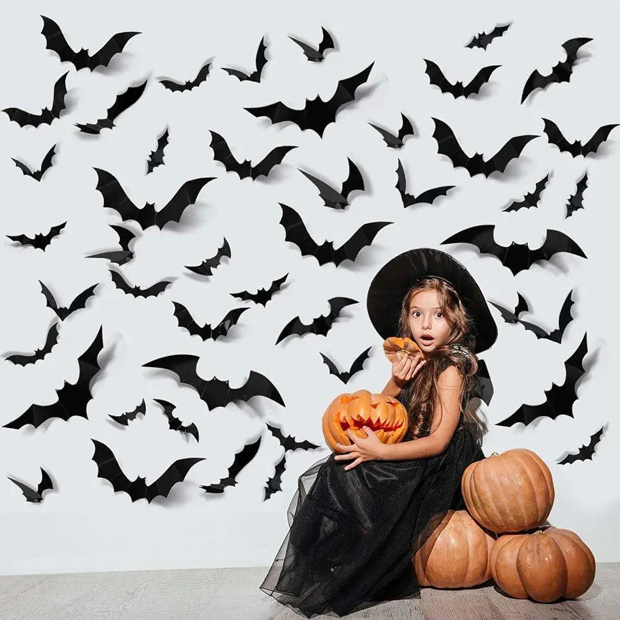 Decoración de Murciélagos 3D para Halloween en 4 Tamaños - Pack de 48 Piezas, Color Negro