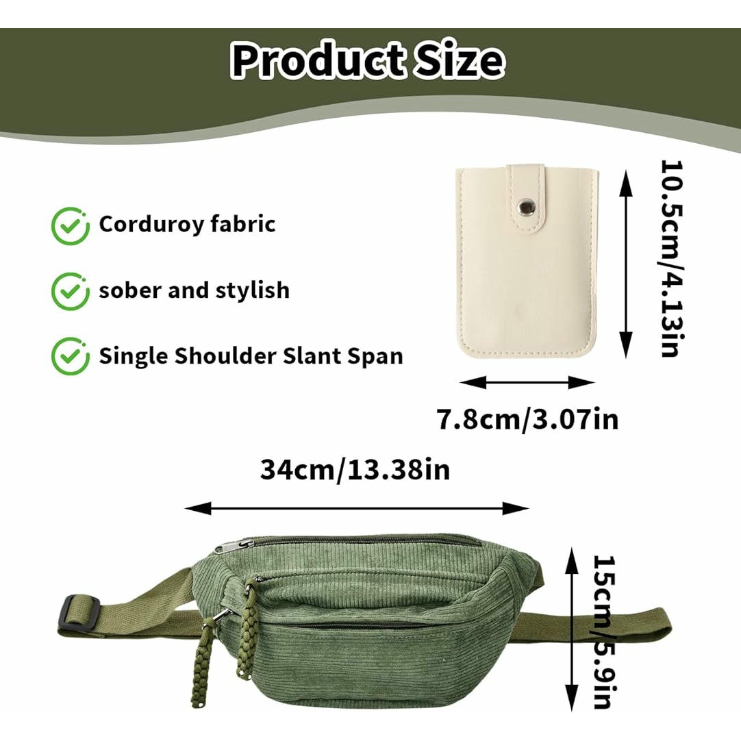 Bossa de pana verda per a homes i dones, bossa creuada ajustable per a córrer, fer senderisme, escola i viatges