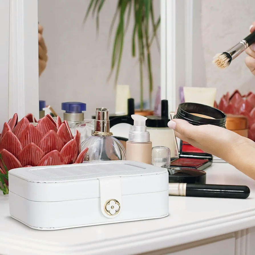 Joyero Organizador para Mujer de Cuero PU, 2 Capas y Forro de Terciopelo, Blanco