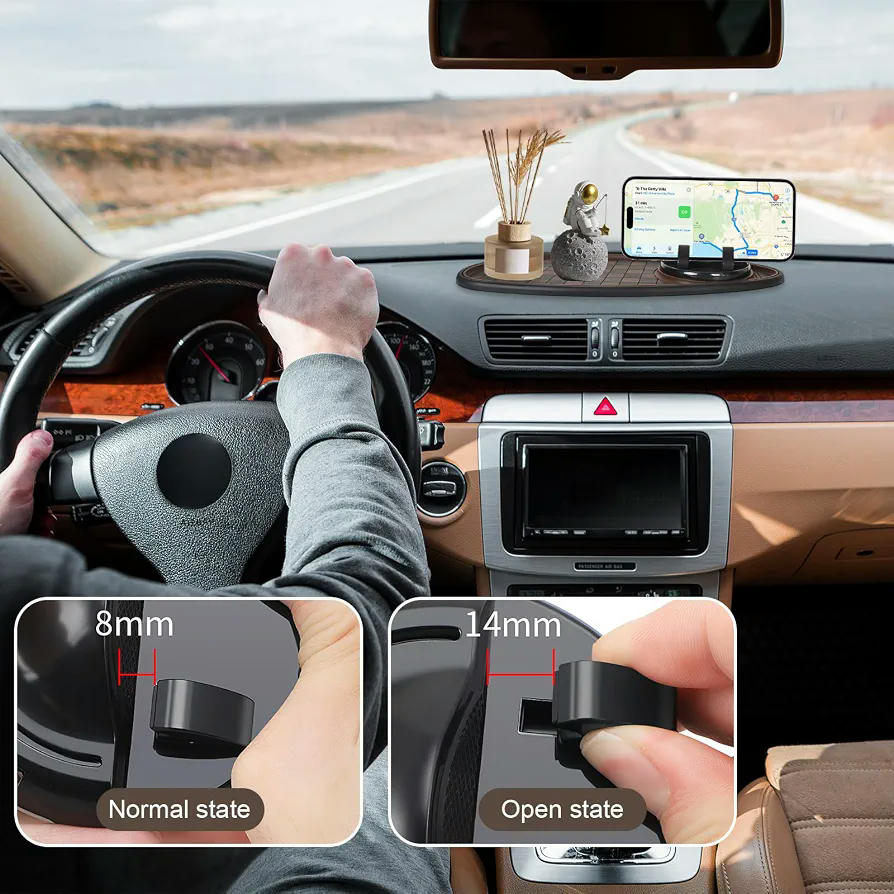 Alfombrilla Antideslizante para Coche con Soporte Móvil 360° Rotación y Almacenamiento, Marrón Negro