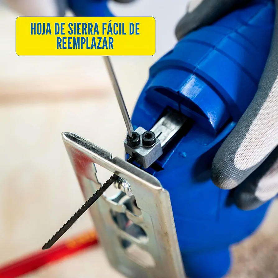 Kinzo Sierra de calar – 230 V – 400 W – con extracción de polvo – Hoja protectora – Varios materiales – Madera hasta 65 mm – Metal hasta 6 mm – Azul, 8711252064161