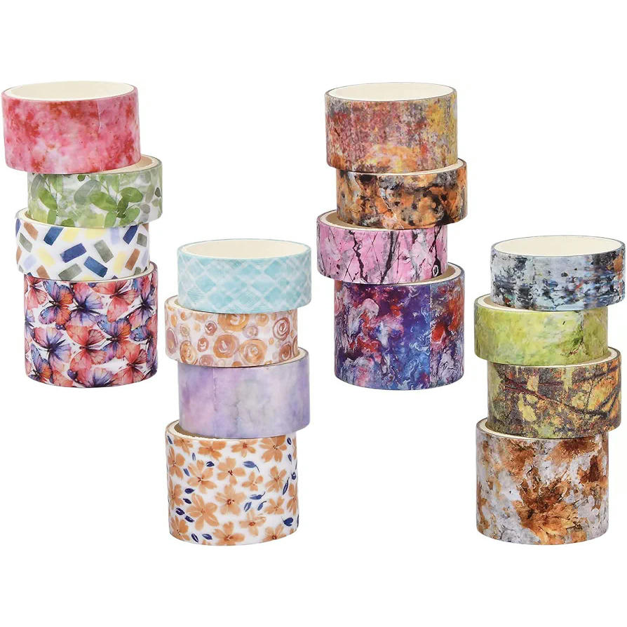 Juego de 16 Rollos de Cinta Washi Vintage, 15/20/30 mm, Cinta Decorativa Multicolor para Manualidades, Diarios y Álbumes, Perfecta para Creatividad