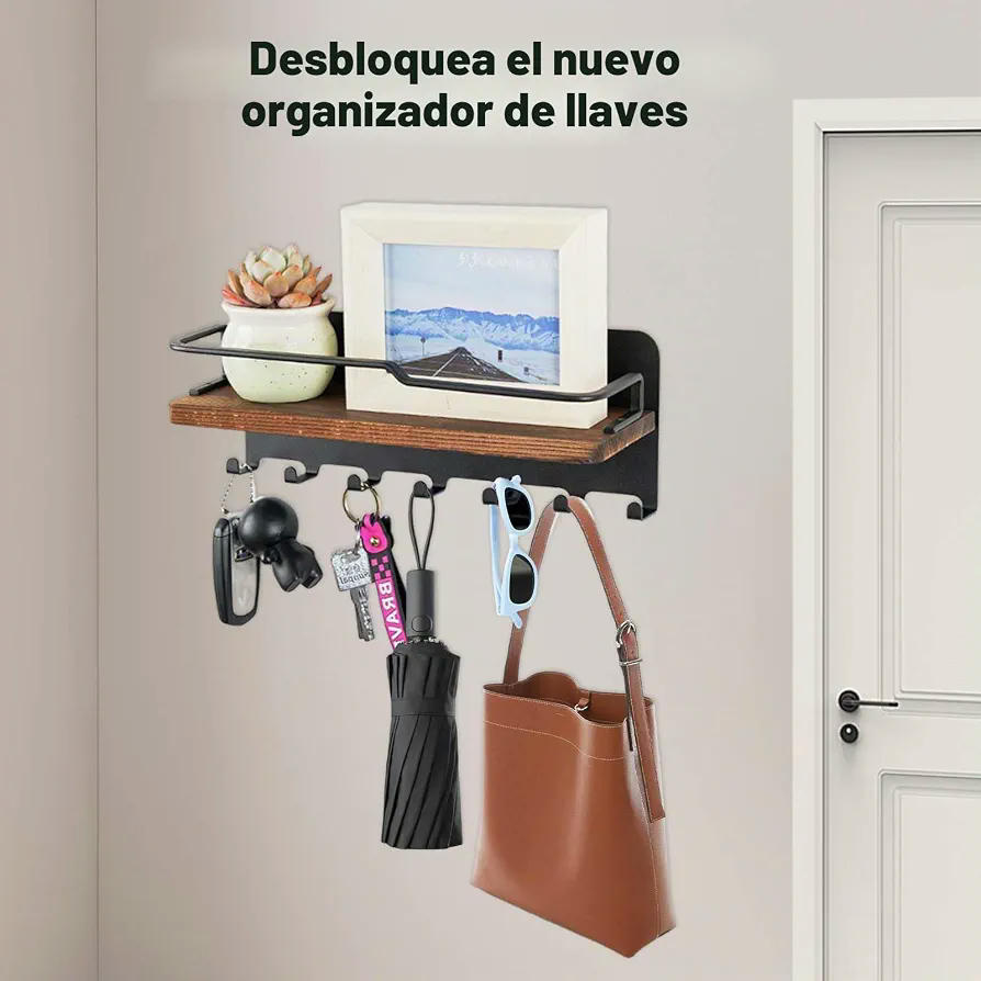 Colgador de Llaves de Madera con Estante y 6 Ganchos para Organización en Pared (Marrón)