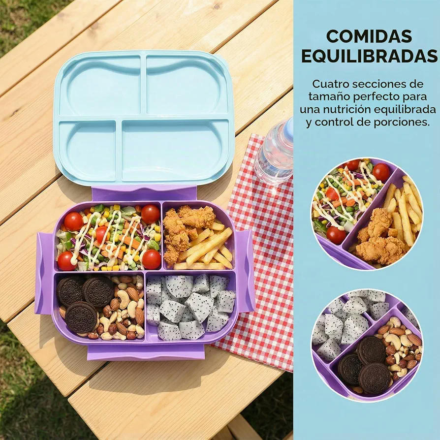 Fiambrera Hermética con 4 Compartimentos de 1000ml para Microondas y Lavavajillas (Morado)