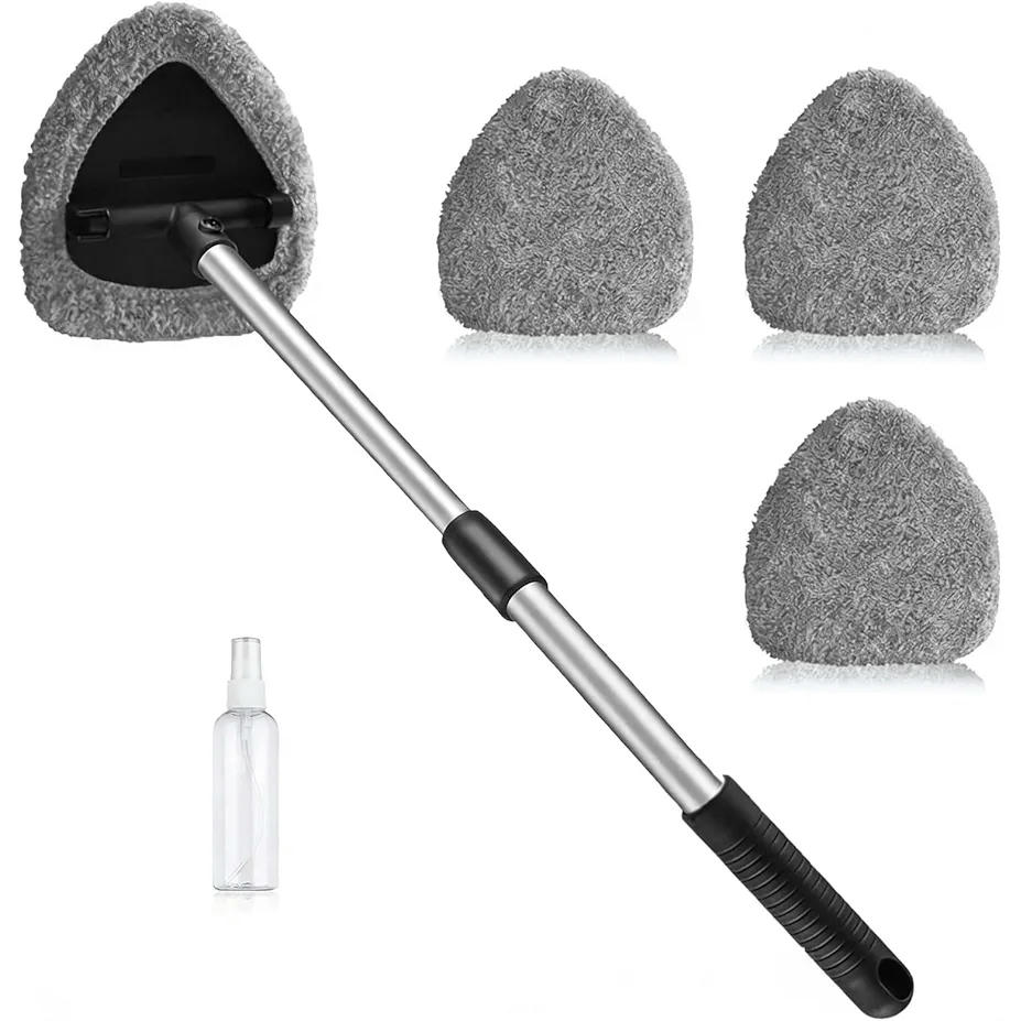 Cepillo para limpiar parabrisas de vehículo, con mango telescópico ajustable, cabezal giratorio y 3 almohadillas de microfibra reutilizables (Gris)