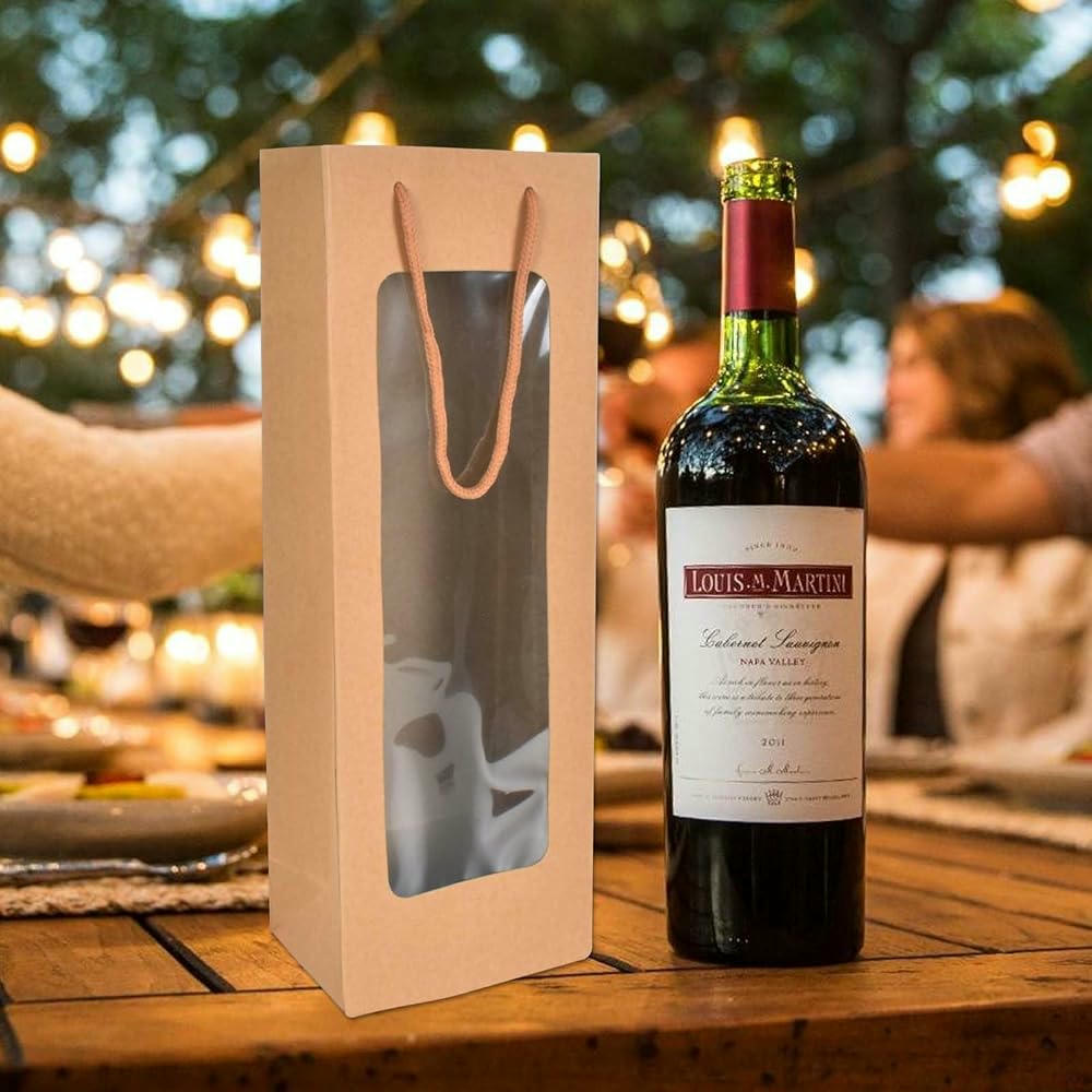 Bolsas de Vino de Papel Kraft Premium con Asas - 12 Piezas, Embalaje para Botellas, Ideal para Navidad, Bodas y Fiestas, Color Marrón