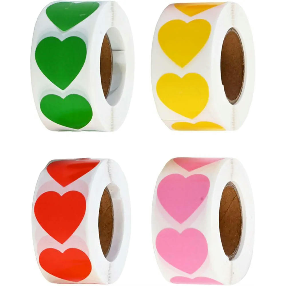4 Rollos de Pegatinas Autoadhesivas en Forma de Corazón, 500 Unidades por Rollo, Variados Colores para Decoración (Multicolor)