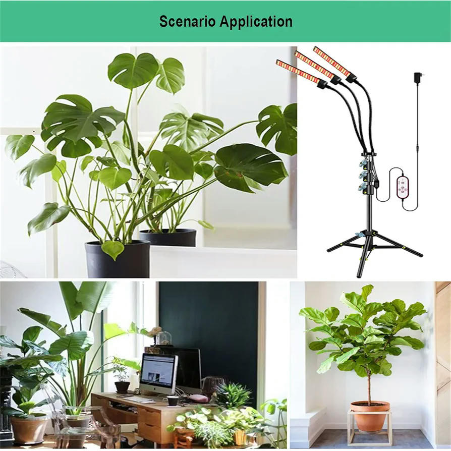 Luz de Cultivo LED para Plantas de Interior con Soporte Trípode Ajustable y Temporizador Automático, Espectro Completo, 4 Cabezas, Enchufe EU