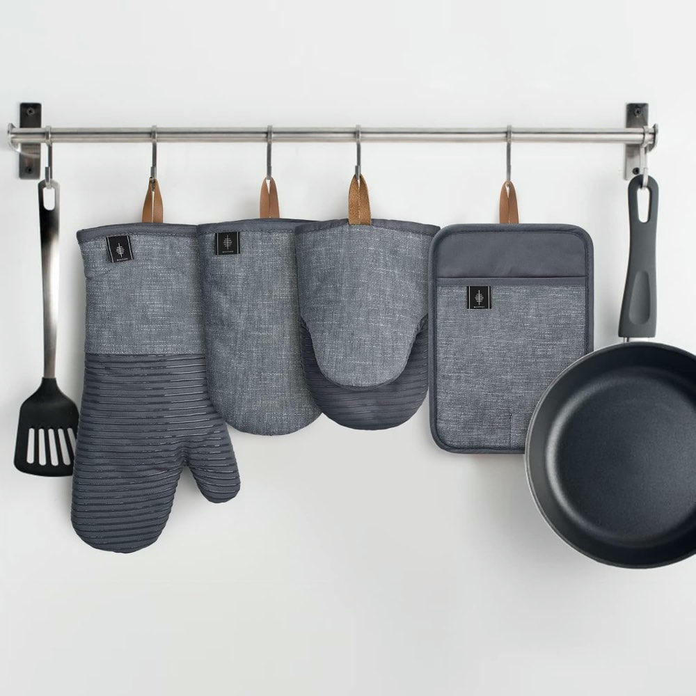 Juego de 4 Guantes de Horno y Soportes para Ollas, Guantes Resistentes al Calor, Manoplas Antideslizantes para Cocinar y Hornear - Gris