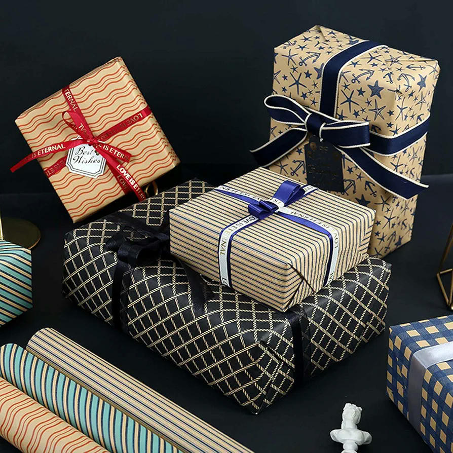 Papel de Regalo Kraft Reciclable con Cintas y Etiquetas, 6 Hojas 50x70cm, Ideal para Diversas Ocasiones (Multicolor)