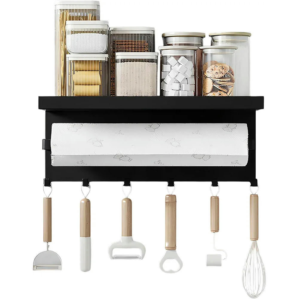 Magnetic Spice Rack - Multipurpose Kitchen Organizer with Shelves and Hooks, No Drilling (28 x 14.5 x 9.5 cm), Black Color