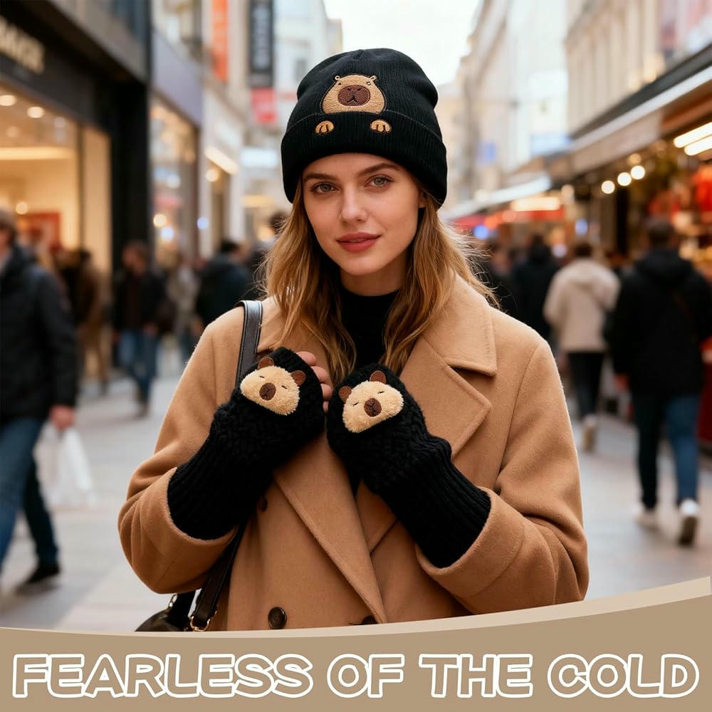 Gorro de Punto Negro con Guantes para Climas Fríos con diseño de animal Capibara (Negro)