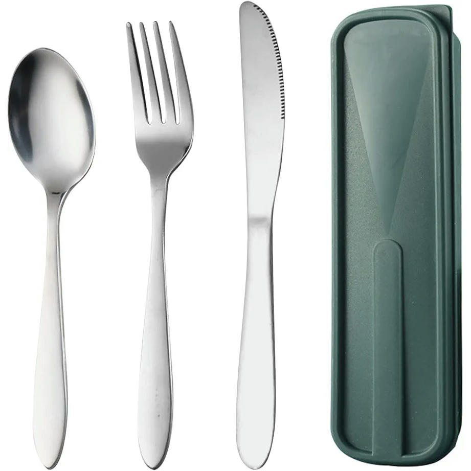 Cubiertos de acero inoxidable para 1 persona, cubiertos portátiles para camping, cuchillos tenedores cucharas reutilizables, vajilla compacta para exteriores (Plata)