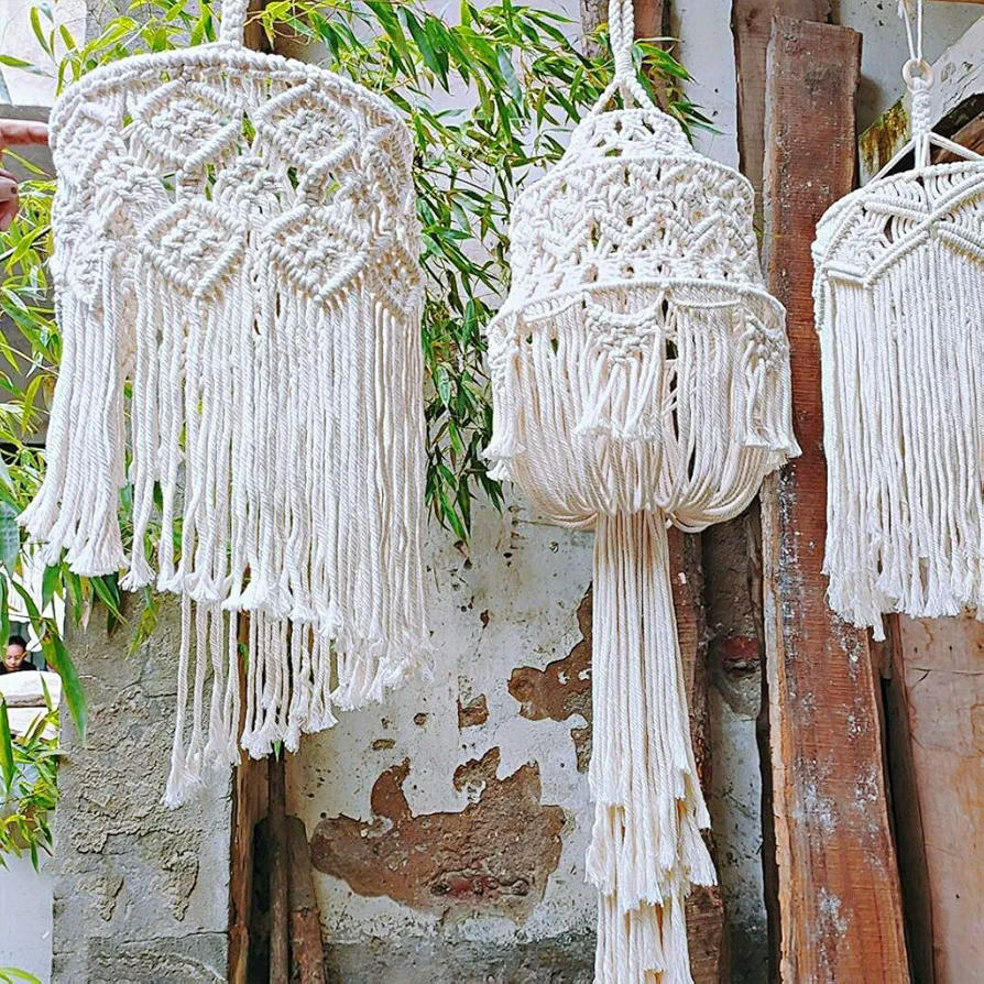 Elegante pantalla nórdica tejida a mano para colgar en la lámpara colgante, de algodón, iluminación decorativa (26 x 45 cm), Color Beige