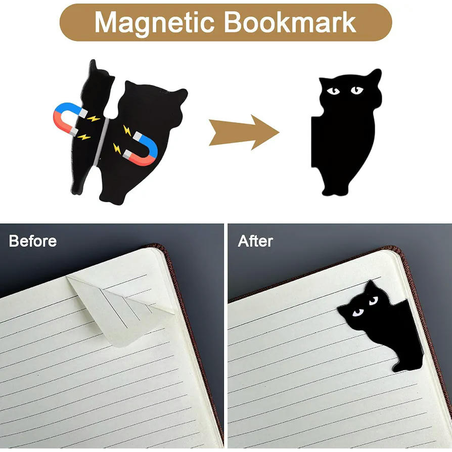 Marcapáginas magnéticos y de metal con diseño de gatos, 1 grande (Plateado) y 6 pequeños (Negro)