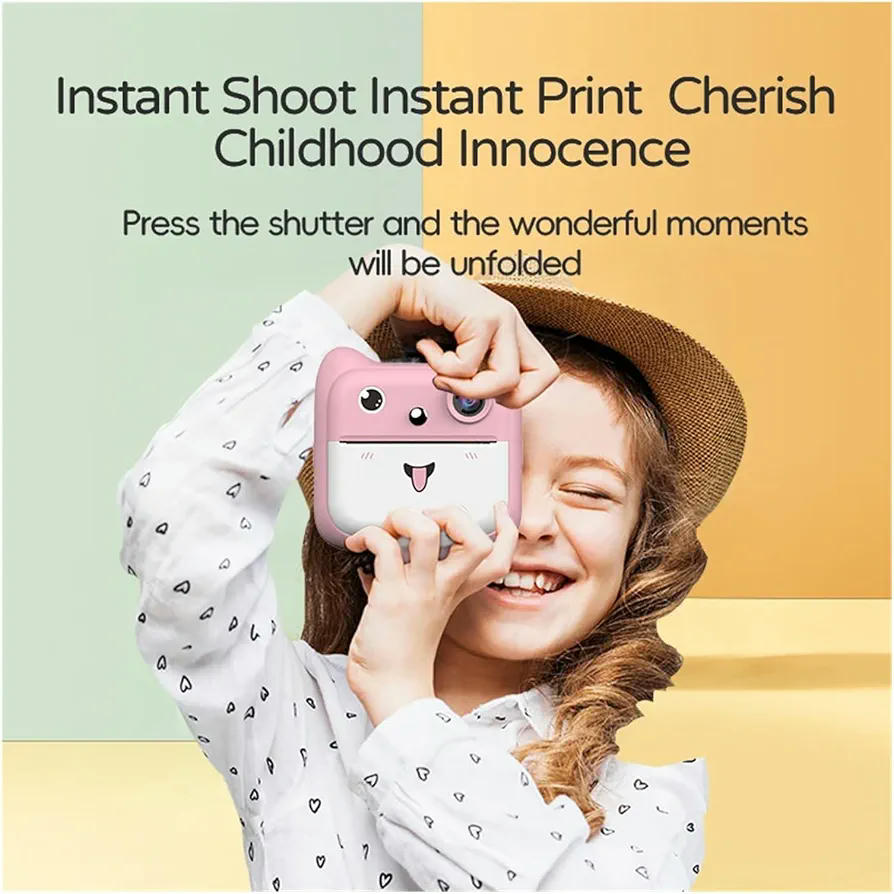 Cámara Digital de Impresión Instantánea para Niños 1080P con Impresora Térmica Sin Tinta (Rosa)