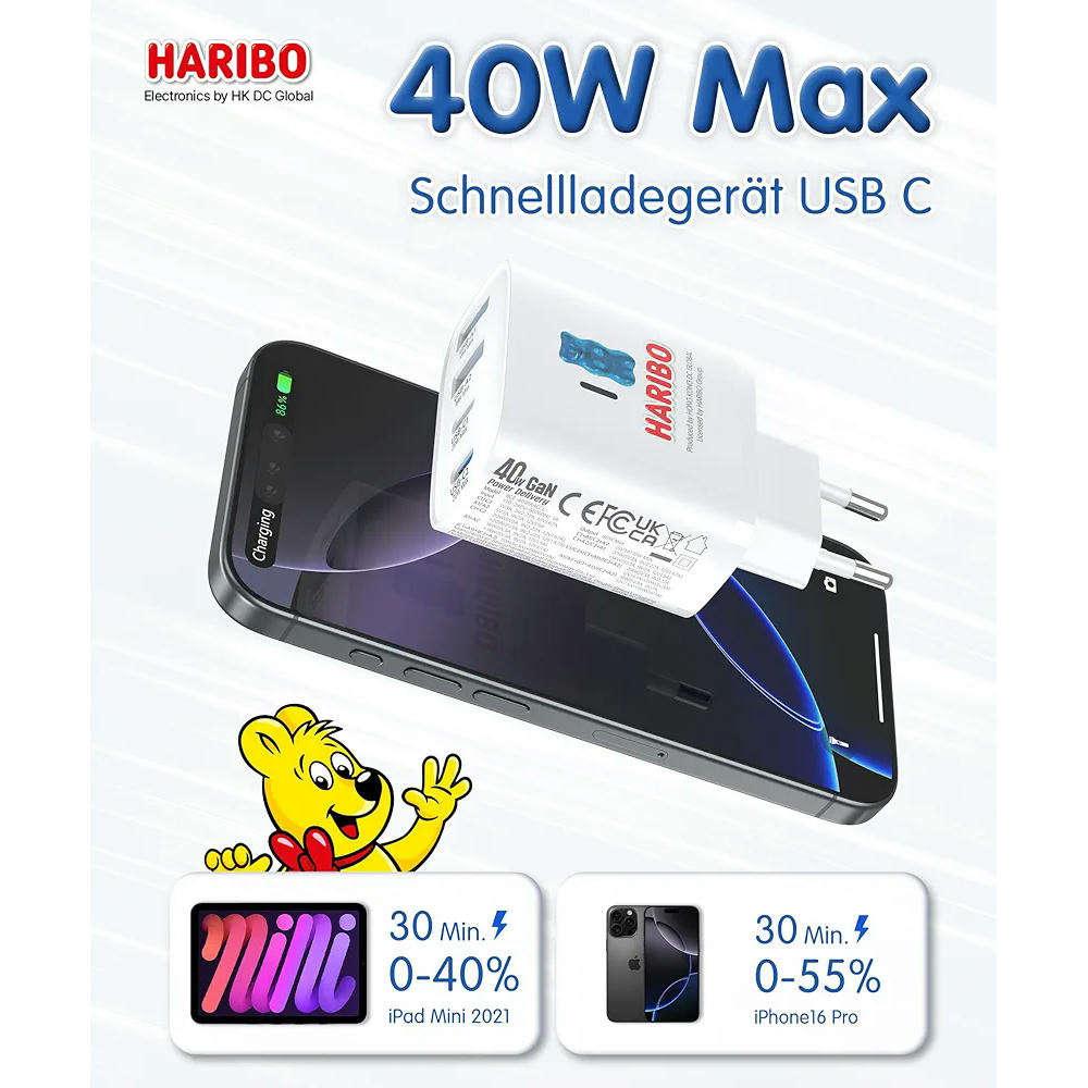 Cargador con 4 Puertos, 2 USB-A de 18W y 2 USB-C de 20W, Carga Rápida QC3.0 y PD Múltiple, Capacidad total 40W, Color Blanco