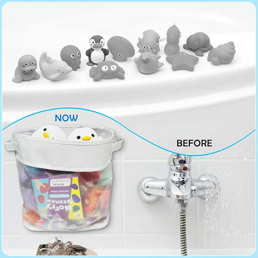 Bolsa de Almacenamiento para Juguetes de Baño de bebé, Red de Malla, Organizador Rectangular, Color Blanco, Incluye Pelota de Baño (Blanco)