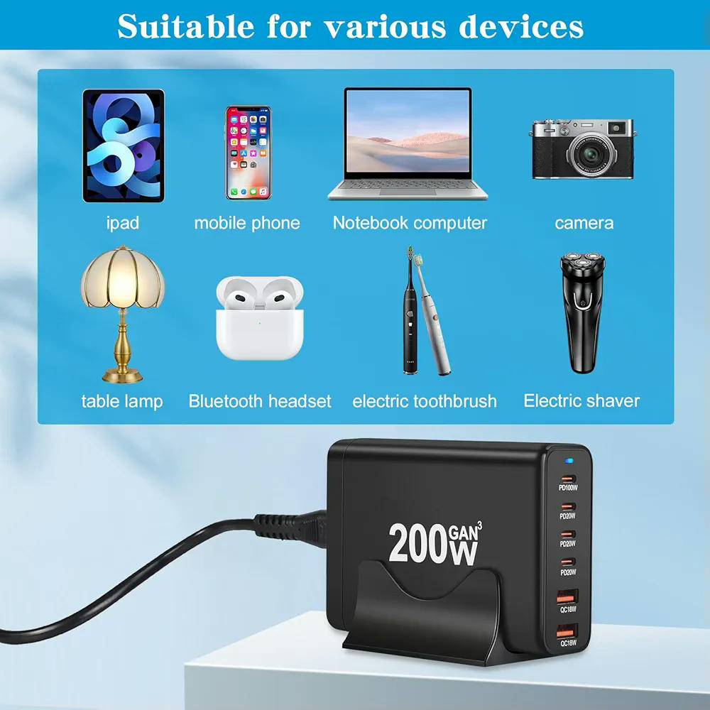 Cargador USB C de 200 W con 6 Puertos: 4 USB-C y 2 USB-A para Carga Rápida (Negro)