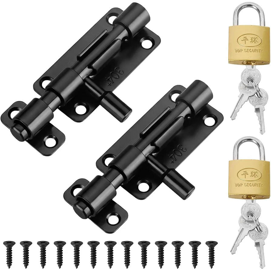 Kit de Cerrojos y Candados de Acero Inoxidable - Incluye Tornillos y Llaves - Ideal para Puertas Exteriores (Negro)