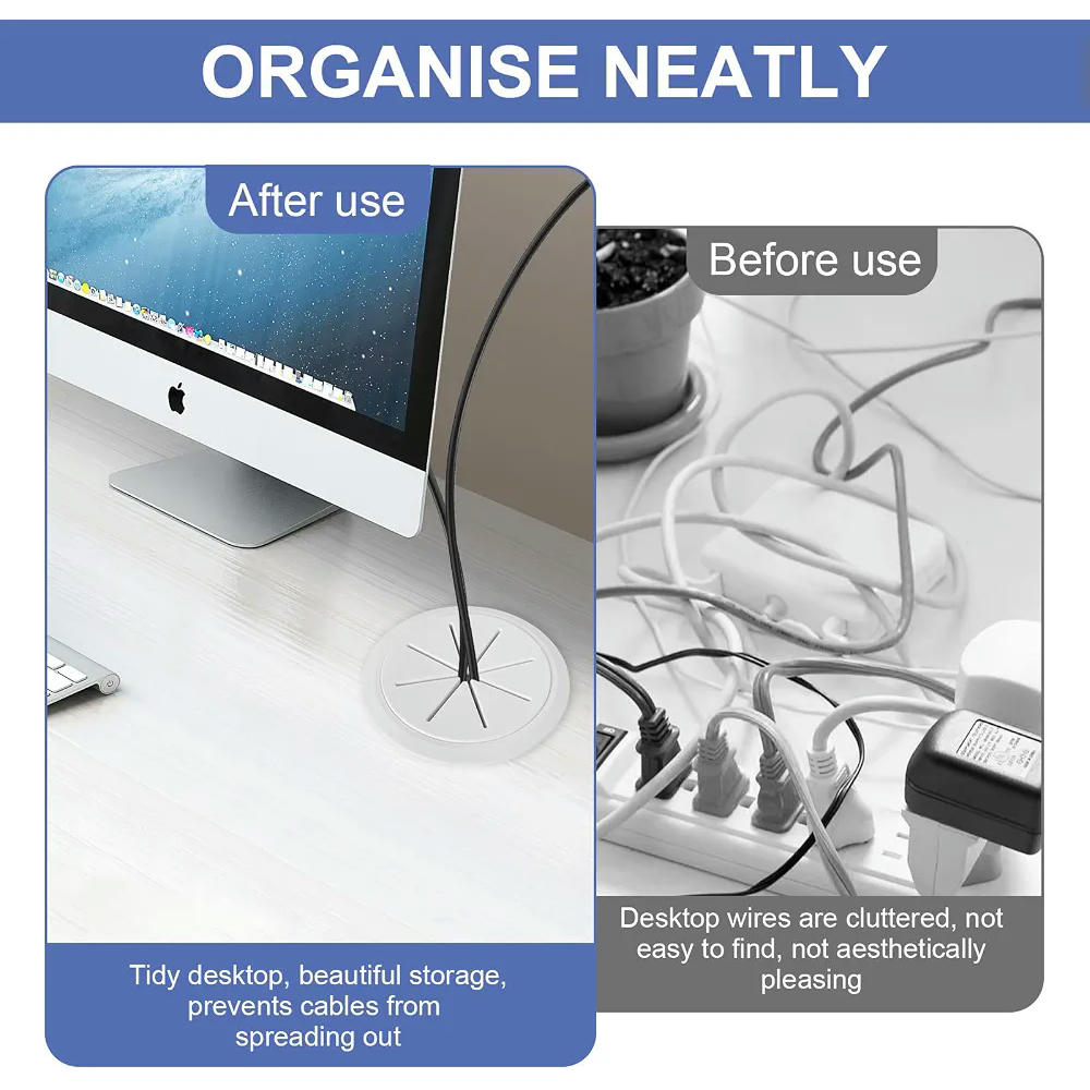 6 pasacables blancos para escritorio, 50 mm, organizadores de cables, 6 unidades