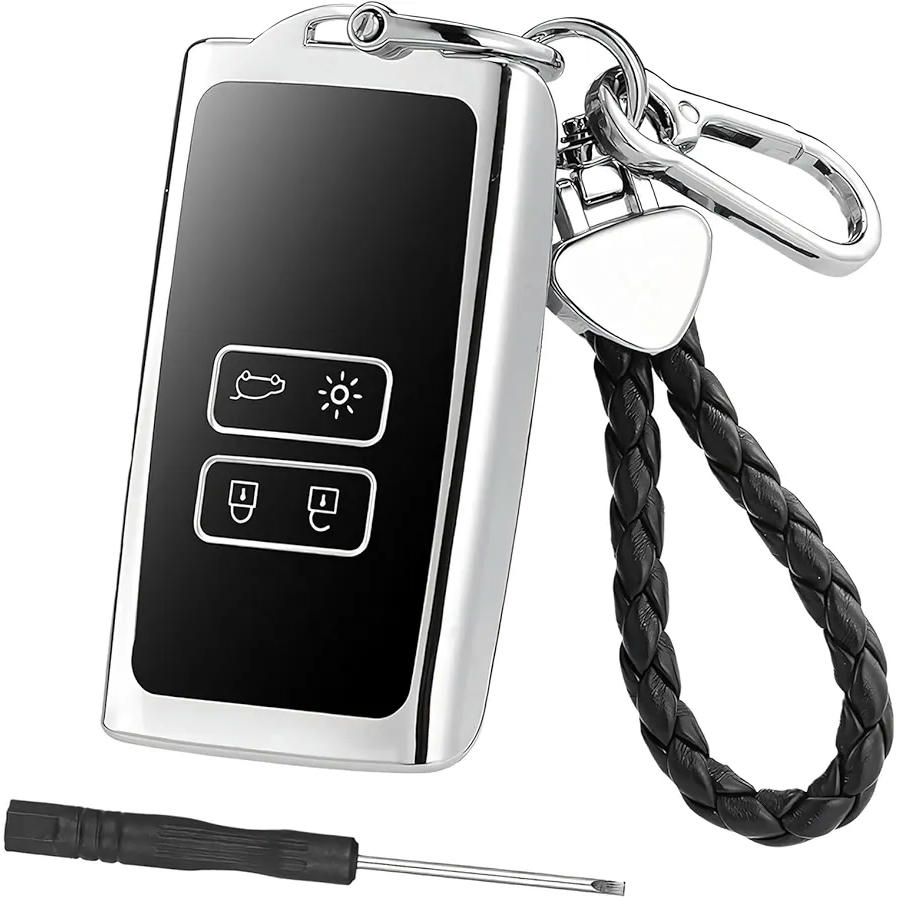Funda de Llave para Coche Renault, Carcasa de Control Remoto con 4 Botones, Funda de TPU y Llavero de Cuero para Protección de Llave de Automóvil