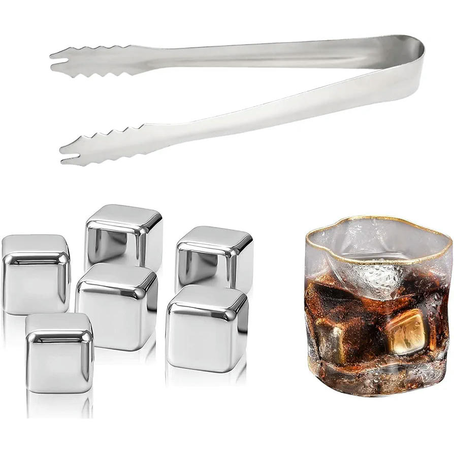 Cubitos de Hielo de Acero Inoxidable 8 Piezas, Cubitos Reutilizables, Con Pinzas y Caja de Almacenamiento, Ideal para Whisky, Cócteles y Bebidas