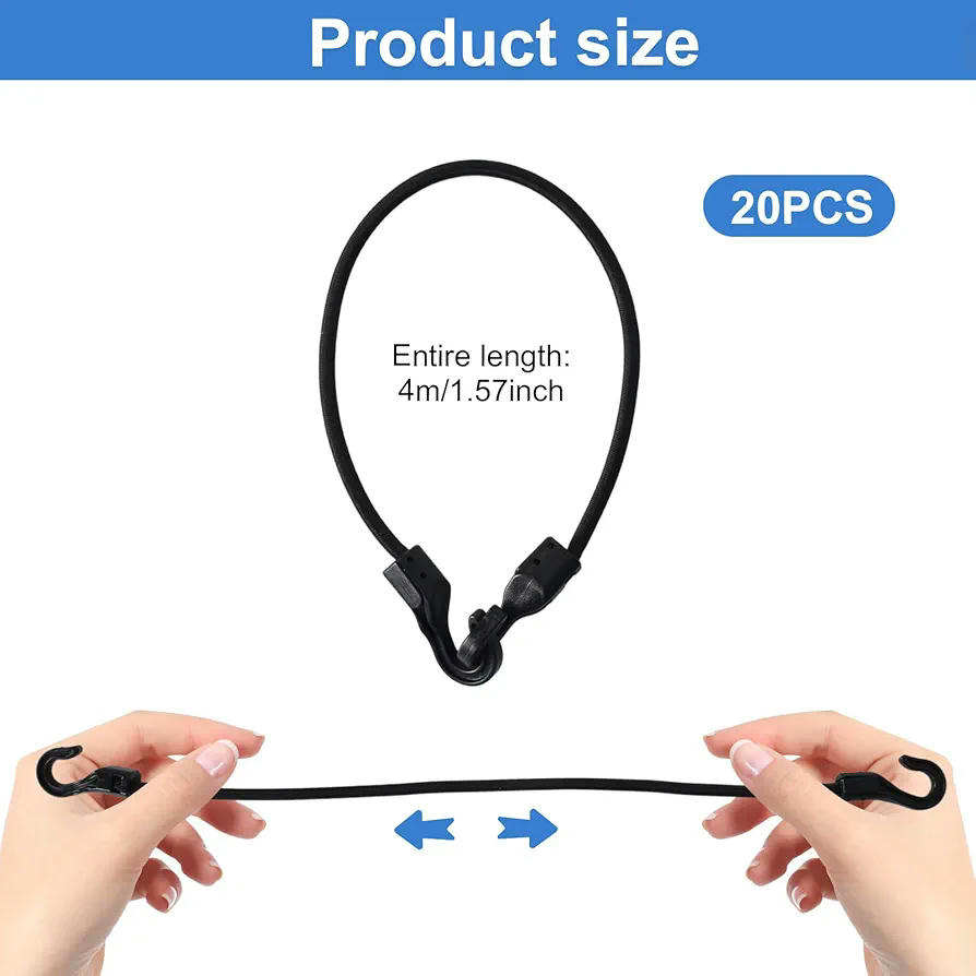 15 Piezas de Cuerdas Elásticas de 31 cm con Ganchos para Sujeción y Transporte (Negro)