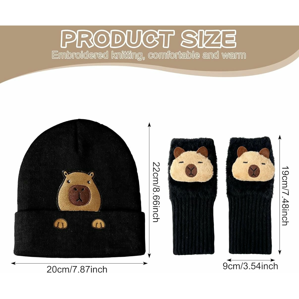 Gorro de Punto Negro con Guantes para Climas Fríos con diseño de animal Capibara (Negro)