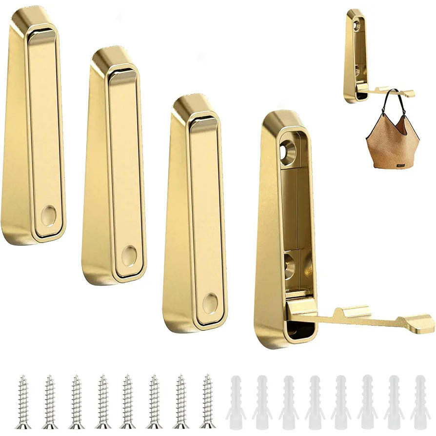 4 Piezas Ganchos Plegables para Pared, Gancho Soporte 90° para Abrigos y Baño, 7 cm, Dorado