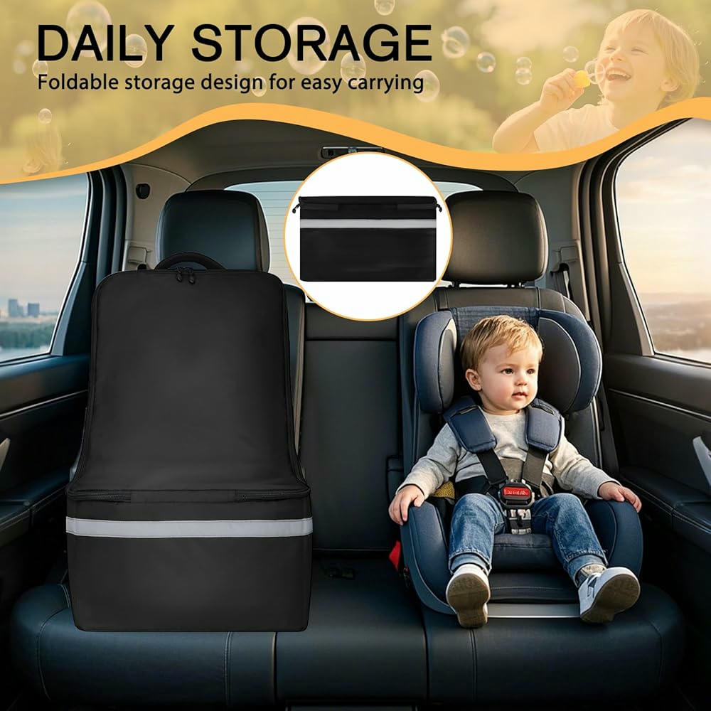 Bolsa de viaje para asiento de coche, mochila acolchada con correa para hombro, funda ideal para transporte en avión, incluye rayas reflectantes (color negro)